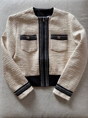 Cream Tweed Collarless Jacket with Black Trim